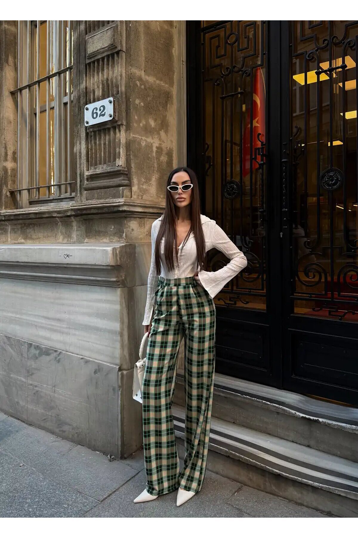 Yüksek Bel İspanyol Paça Ekose Pantolon