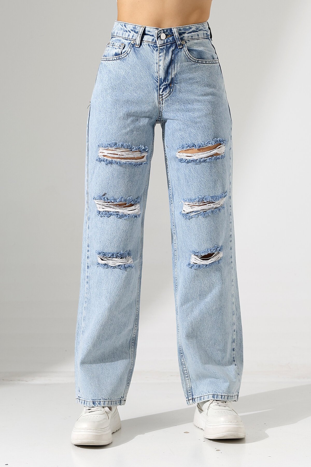 Yüksek Bel Yırtık Detaylı Mom Jean