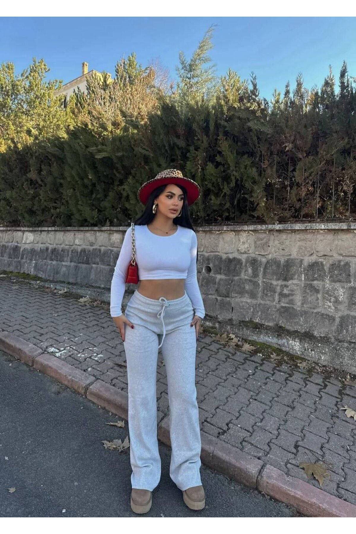 Kaşkorse Kumaş Kuş gözlü Gri Eşofman Pantolon