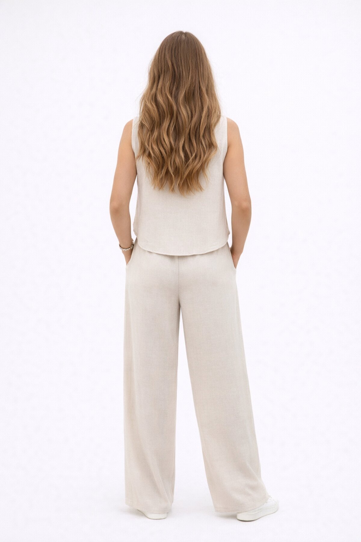 Askılı Yanları Halat Detaylı Gömlek Pantalon Keten Takım