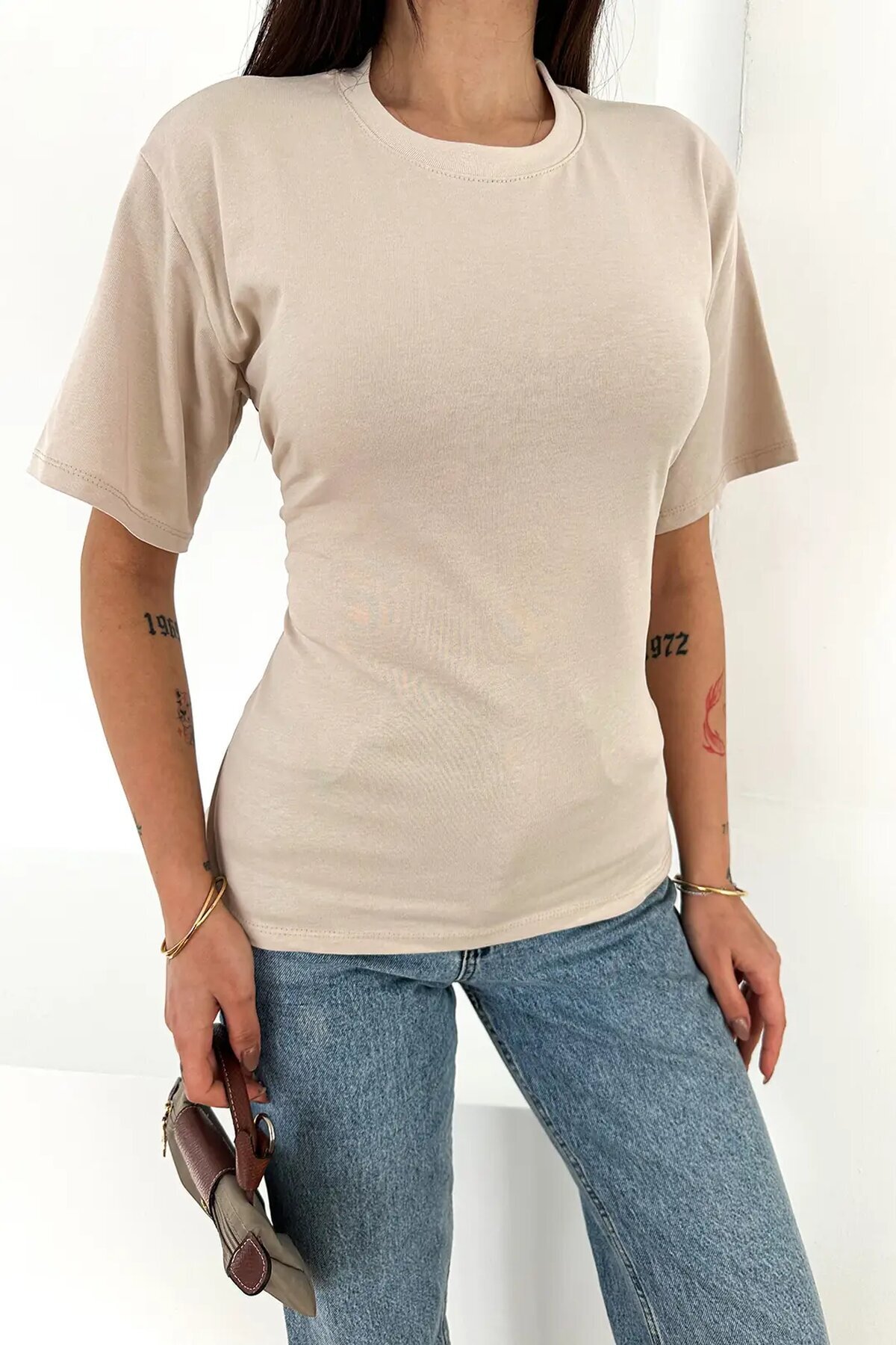 Bağlama Detaylı Kısa Kollu Tişört Bej