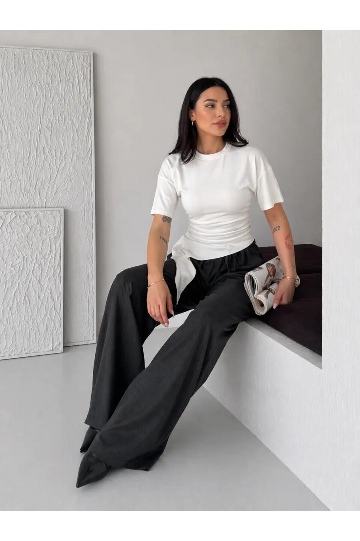 Beyaz Asimetrik Drapeli Modern Basic Bluz