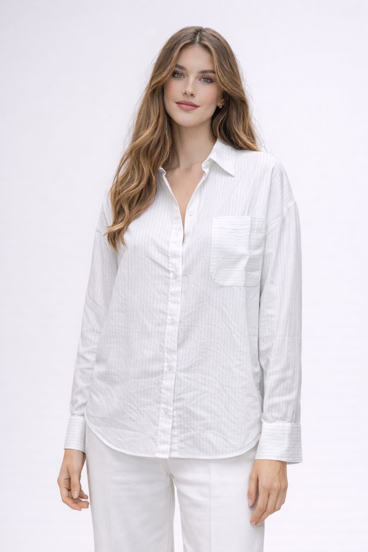 Beyaz Çizgili Jakar Kumaş Oversize Gömlek