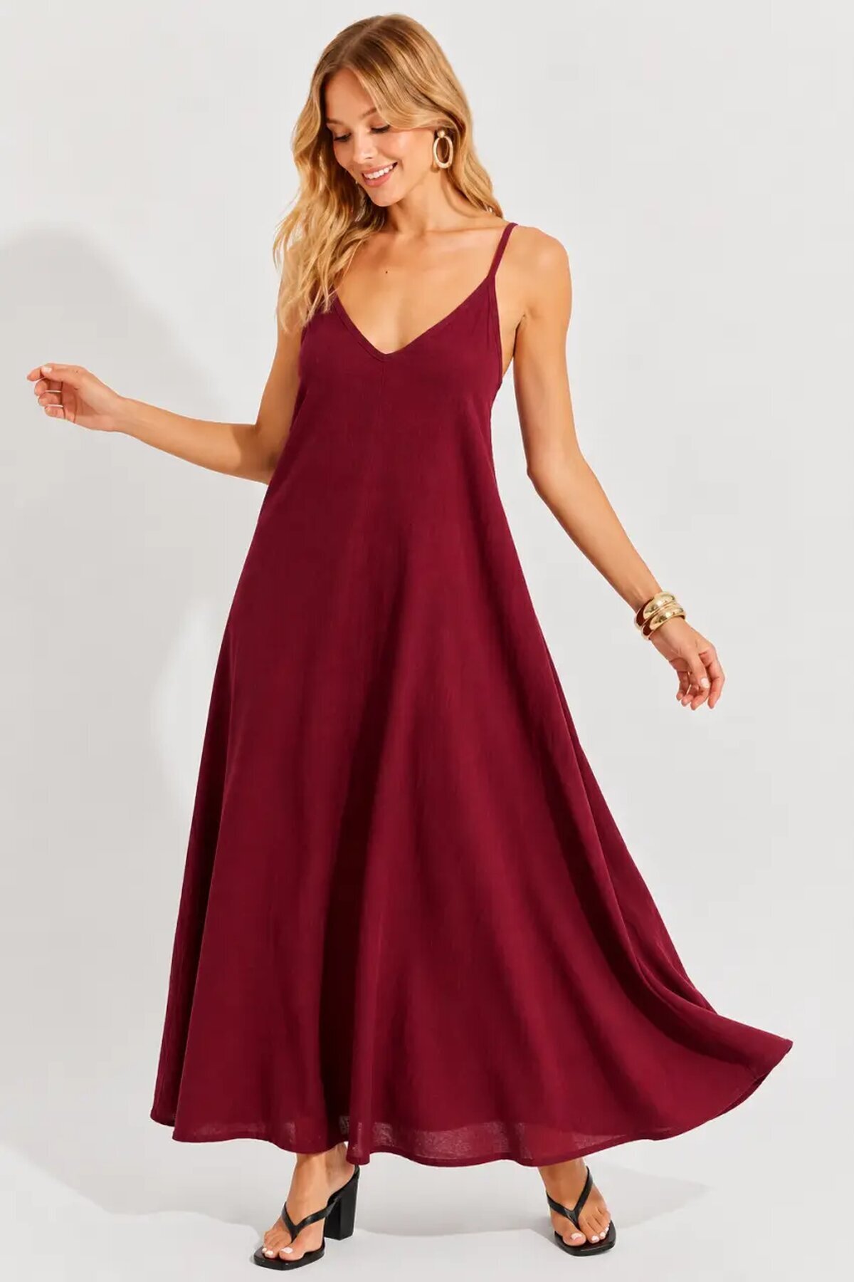 Bordo Askılı Salaş Maxi Elbise