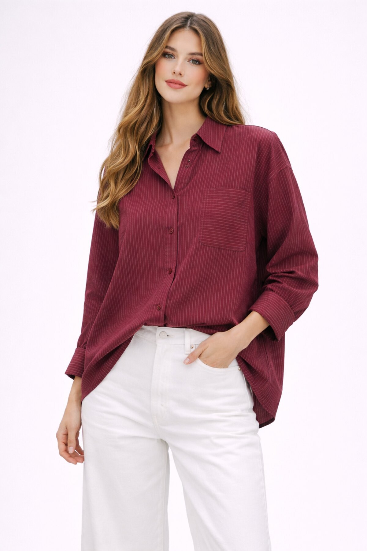 Bordo Çizgili Jakar Kumaş Oversize Gömlek