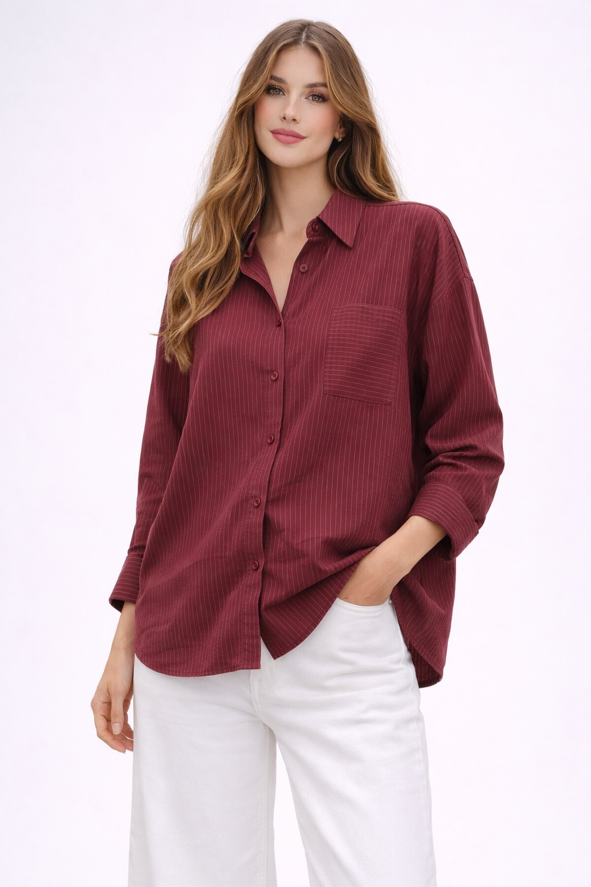 Bordo Çizgili Jakar Kumaş Oversize Gömlek