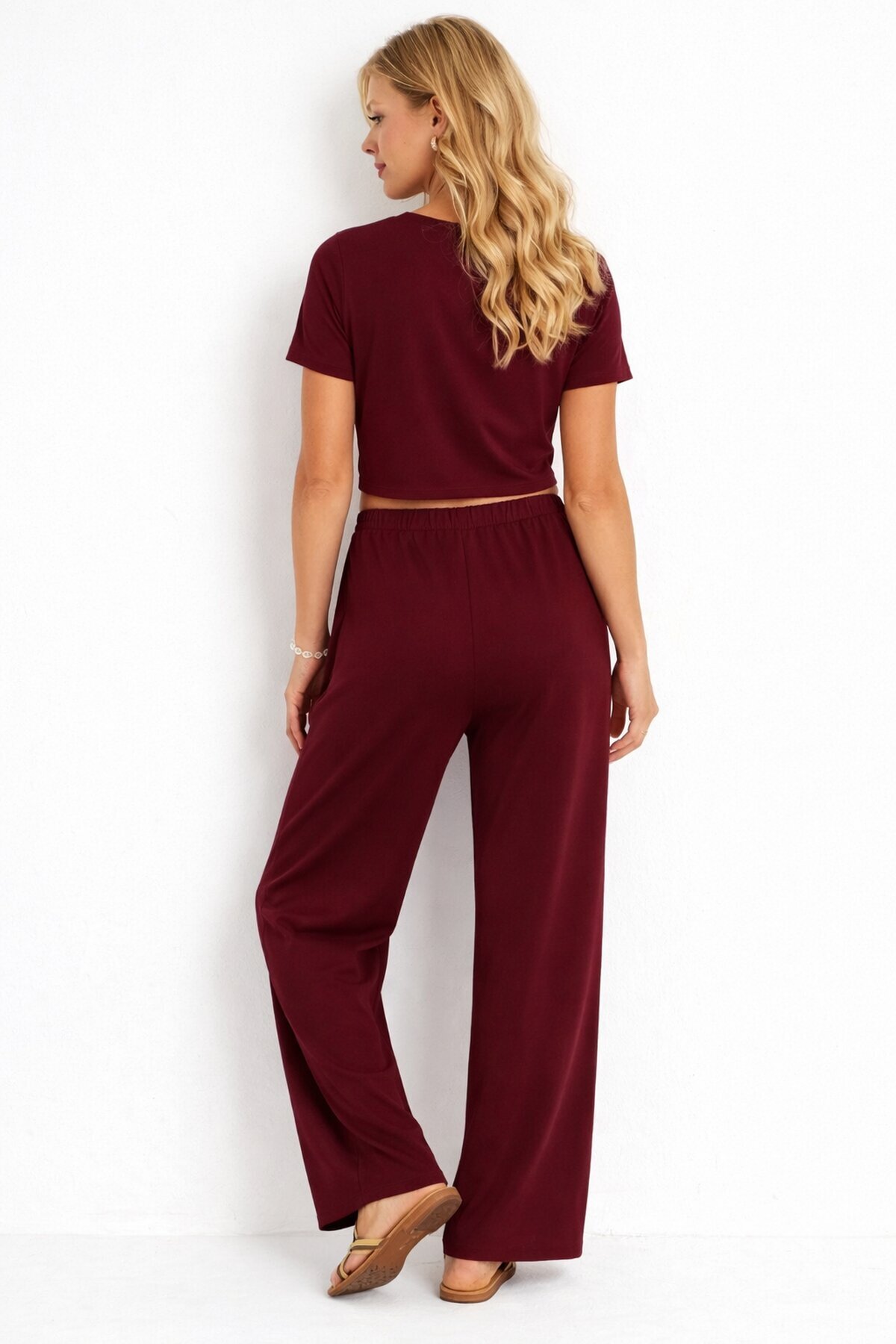 Bordo Modal Kumaş Crop Tişört & Yüksek Bel Bol Paça Takım
