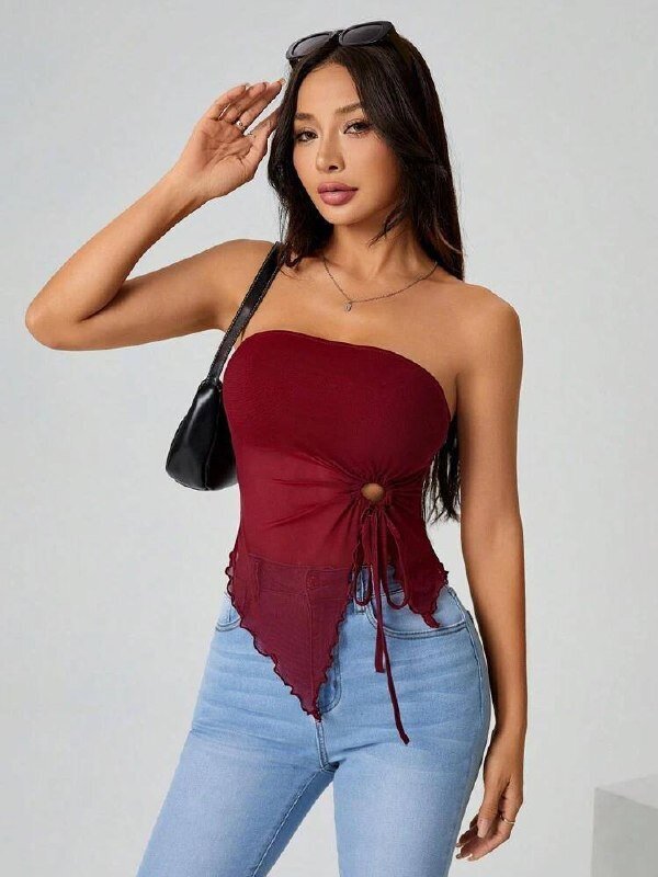 Bordo Straplez Tül Detaylı Büzgülü Crop Bluz