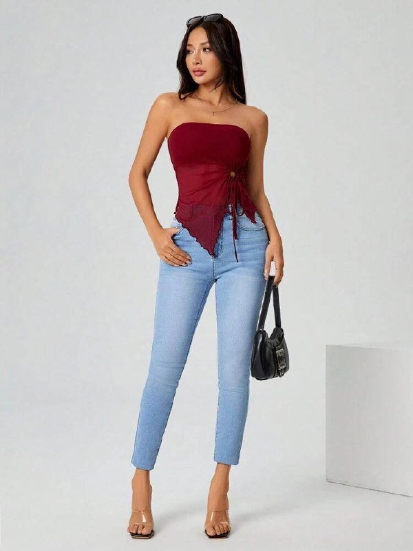 Bordo Straplez Tül Detaylı Büzgülü Crop Bluz