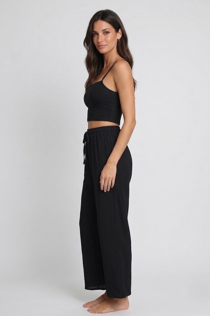 Bürümcük Kumaş Lastikli Bel Salaş Pantolon – Siyah Rahat Kesim Günlük Şıklık