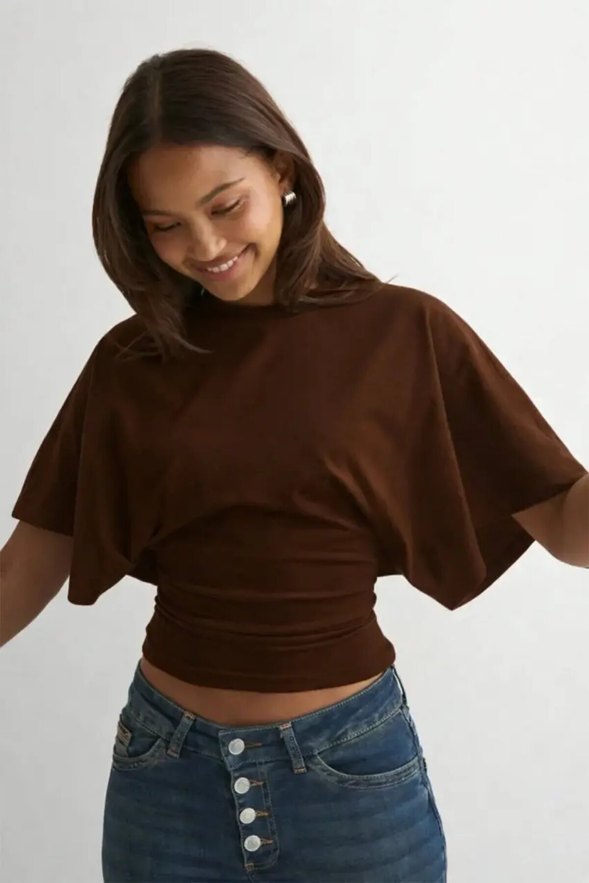 Dalgıç Kumaş Bele Oturan Bisiklet Yaka Geniş Kısa Kollu Bluz