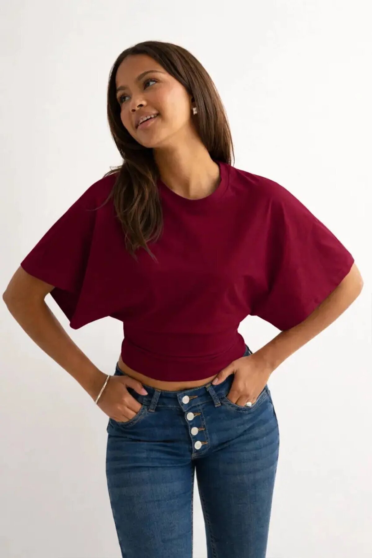 Dalgıç Kumaş Bele Oturan Bisiklet Yaka Geniş Kısa Kollu Bluz