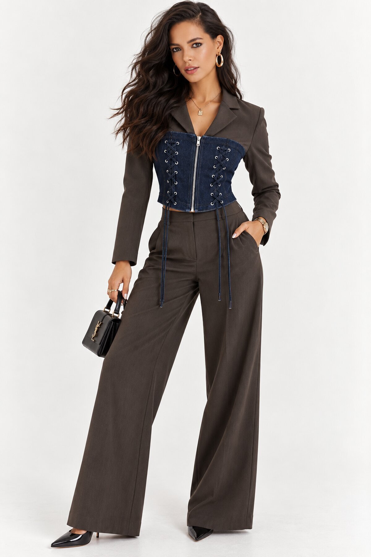 Denim Korsaj Detaylı Blazer & Palazzo Pantolon Takım