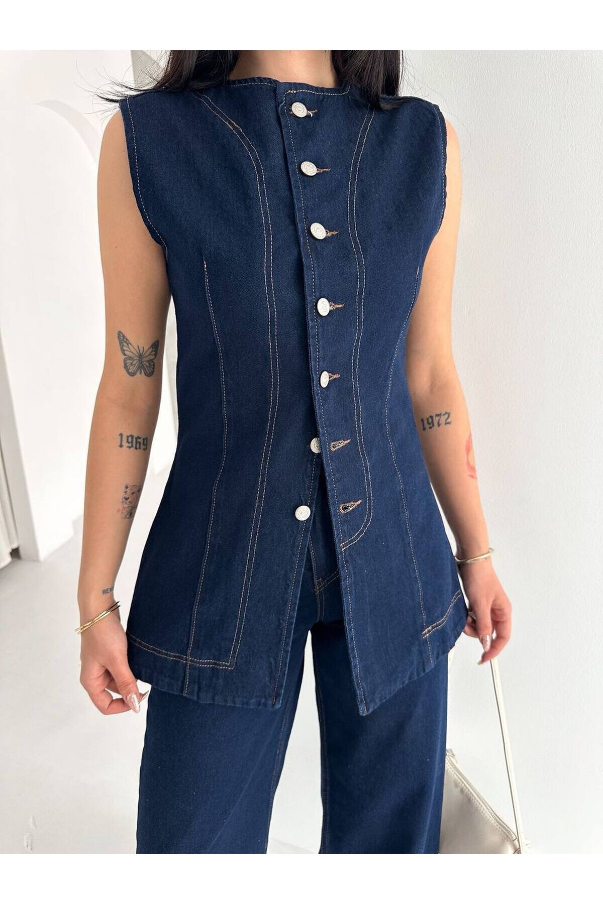 Düğme Detaylı Denim Yelek & Pantolon Takım – Lacivert