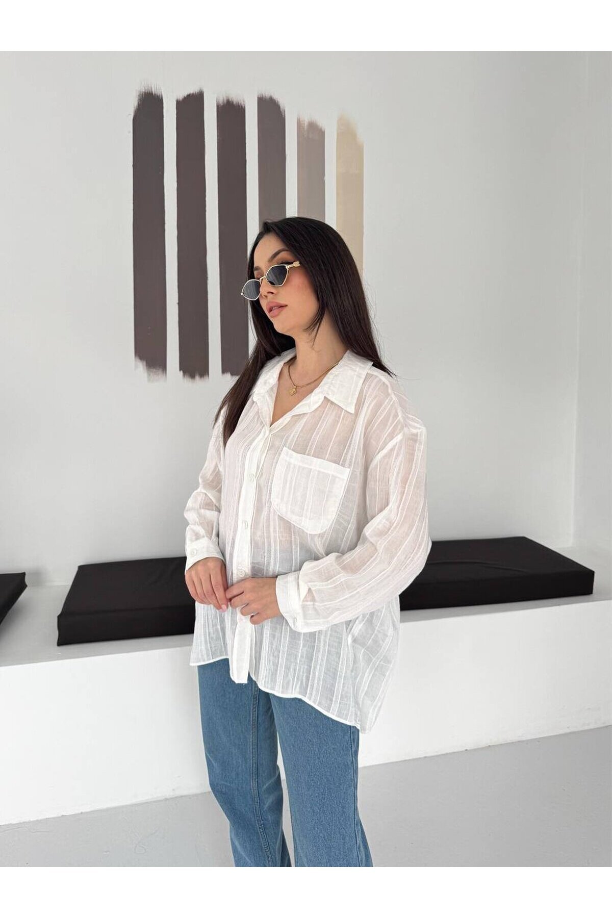 Ekru Çizgili Transparan Dokulu Oversize Kadın Gömlek