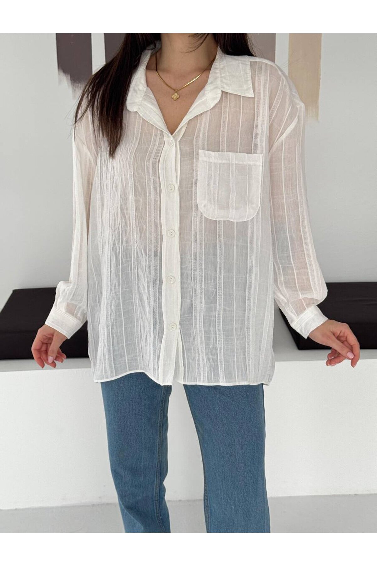 Ekru Çizgili Transparan Dokulu Oversize Kadın Gömlek
