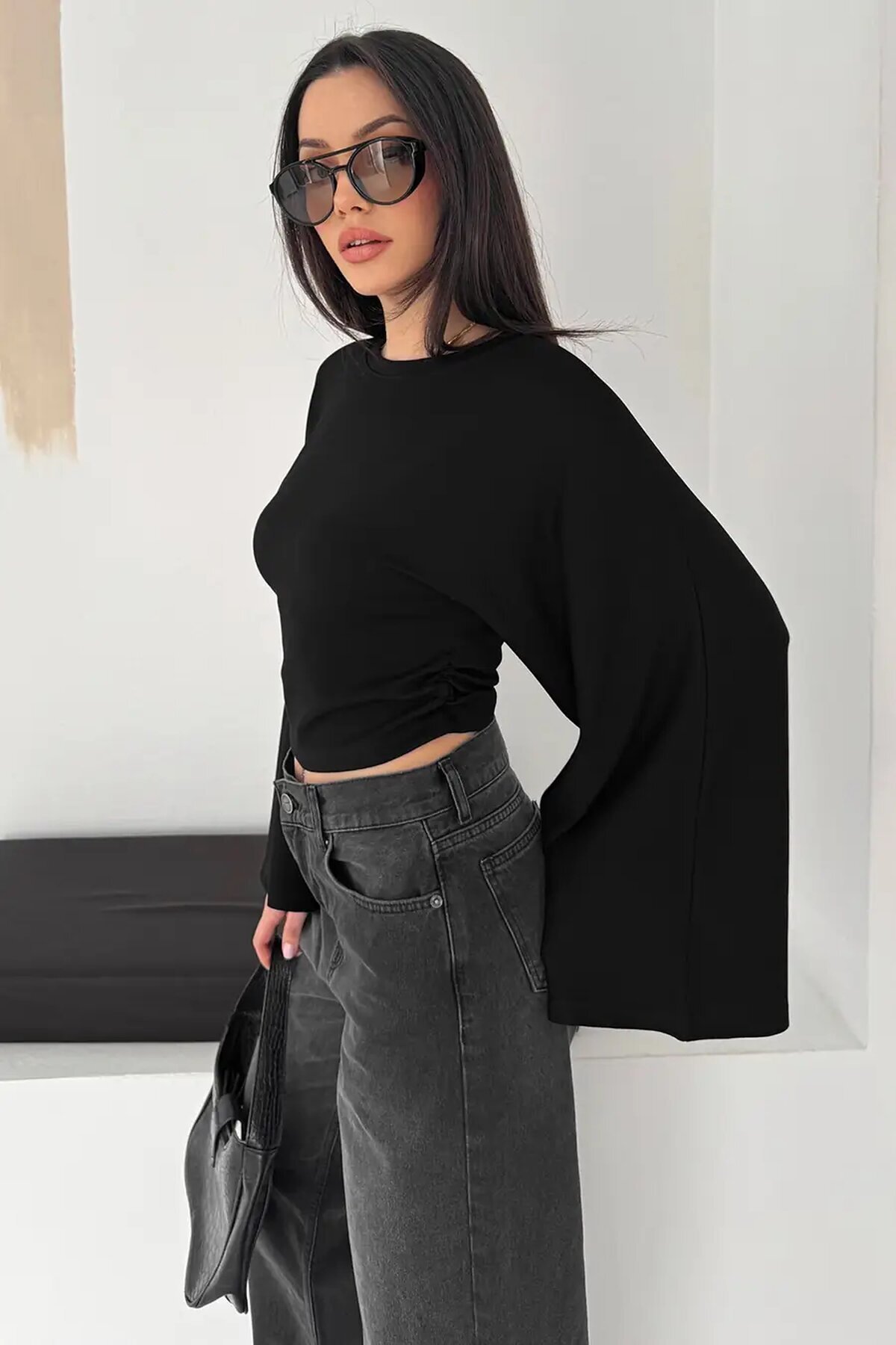 Geniş Kol Crop Bluz Siyah