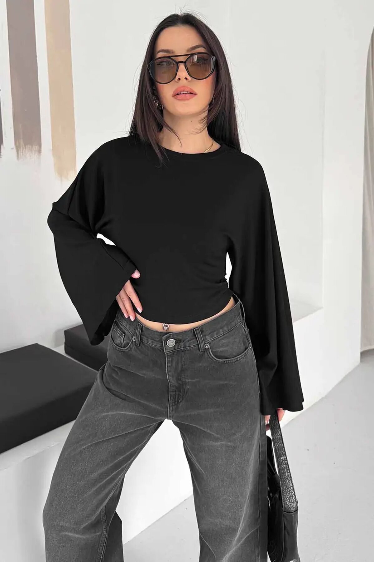 Geniş Kol Crop Bluz Siyah