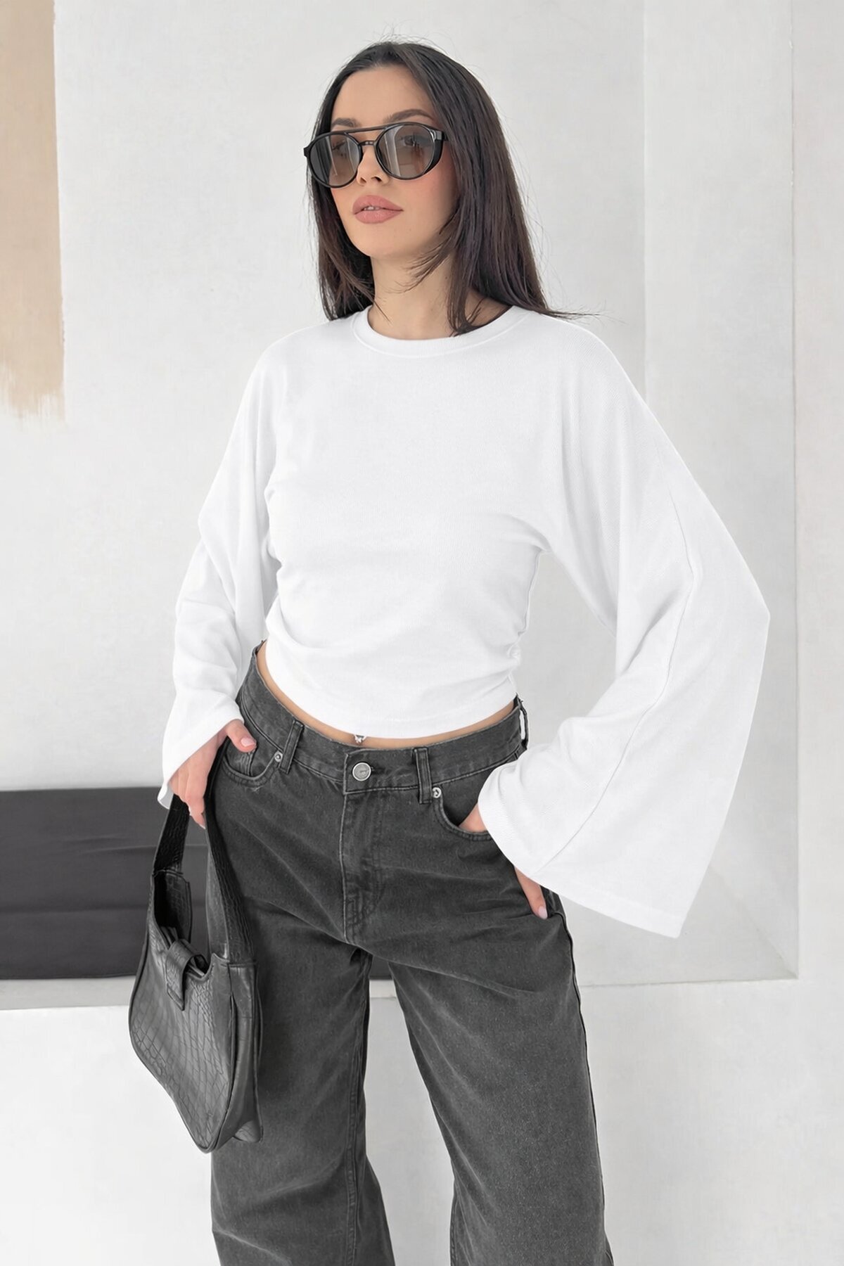 Geniş Kol Crop Bluz Beyaz