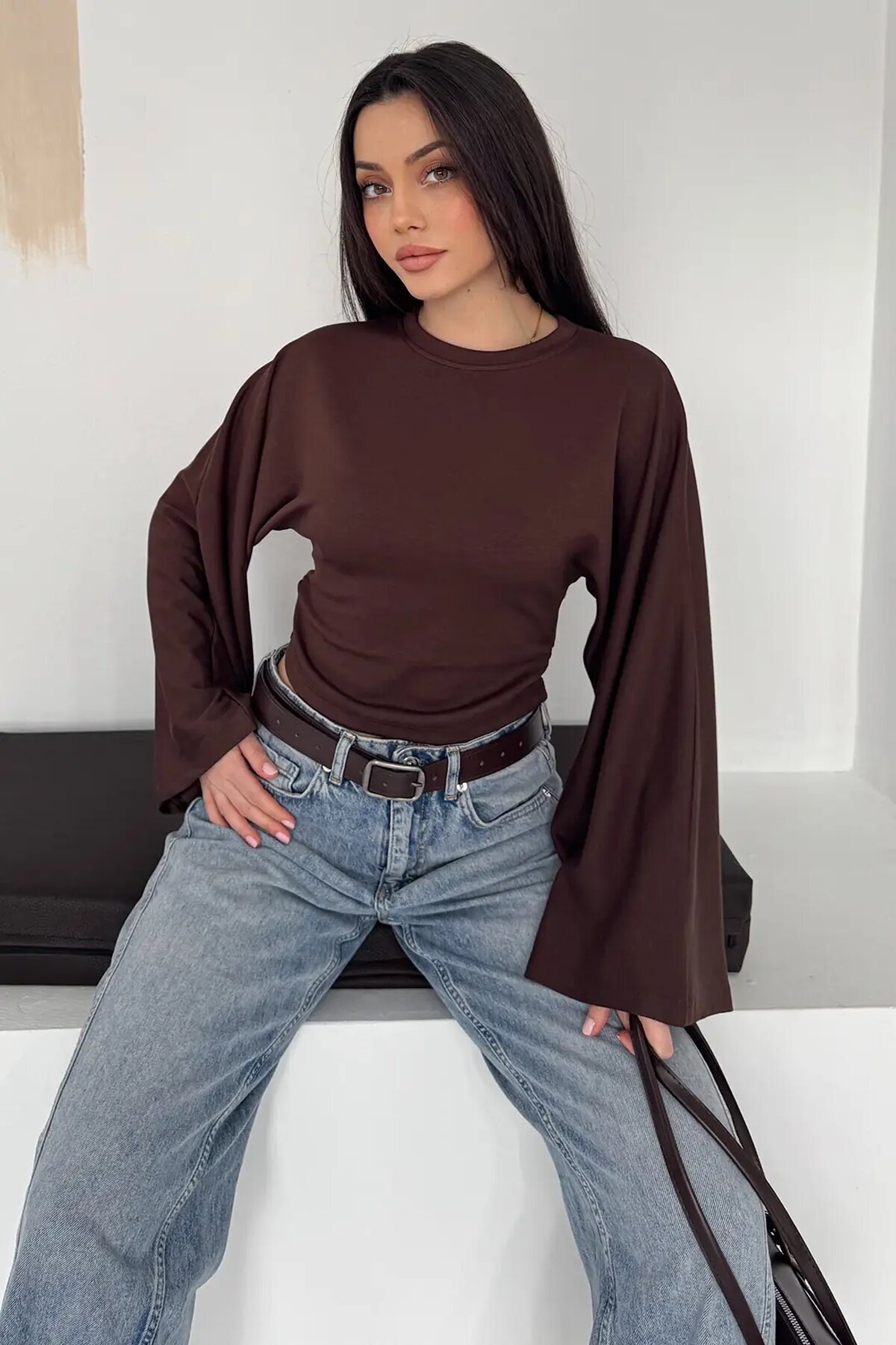 Geniş Kol Crop Bluz Kahverengi