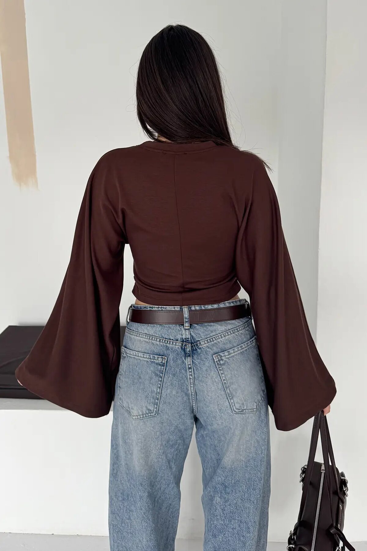Geniş Kol Crop Bluz Kahverengi