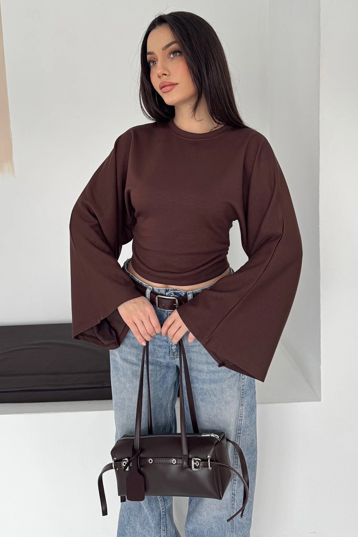Geniş Kol Crop Bluz Kahverengi