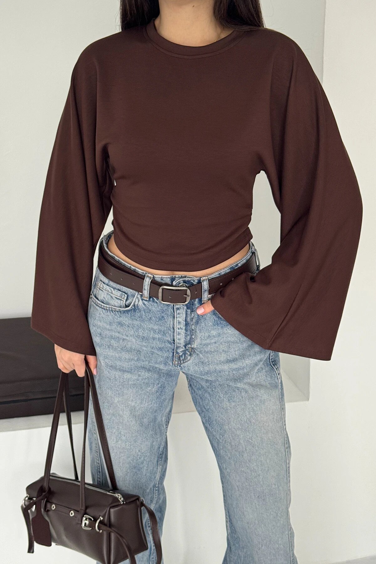 Geniş Kol Crop Bluz Kahverengi