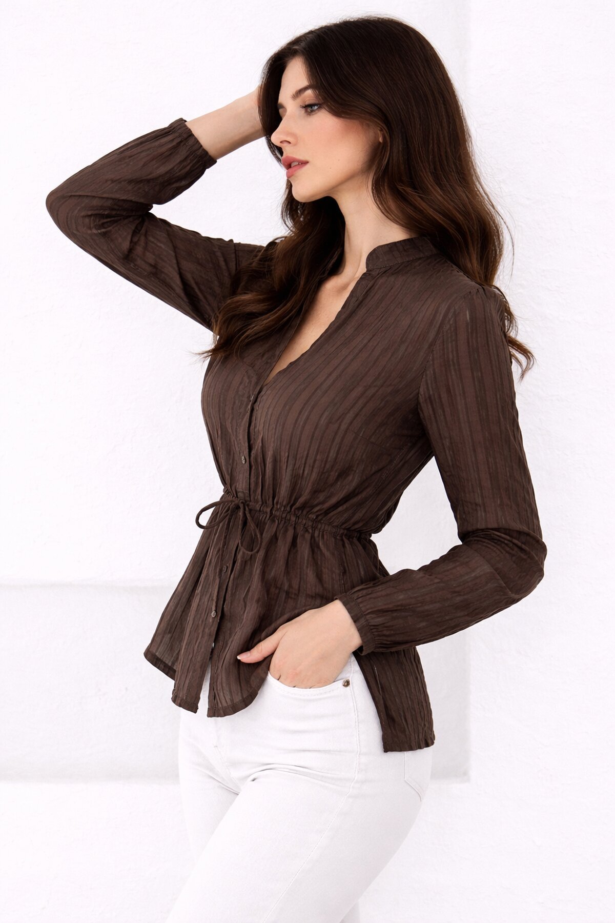 Hakim Yaka V Düğmeli Bluz Kahverengi