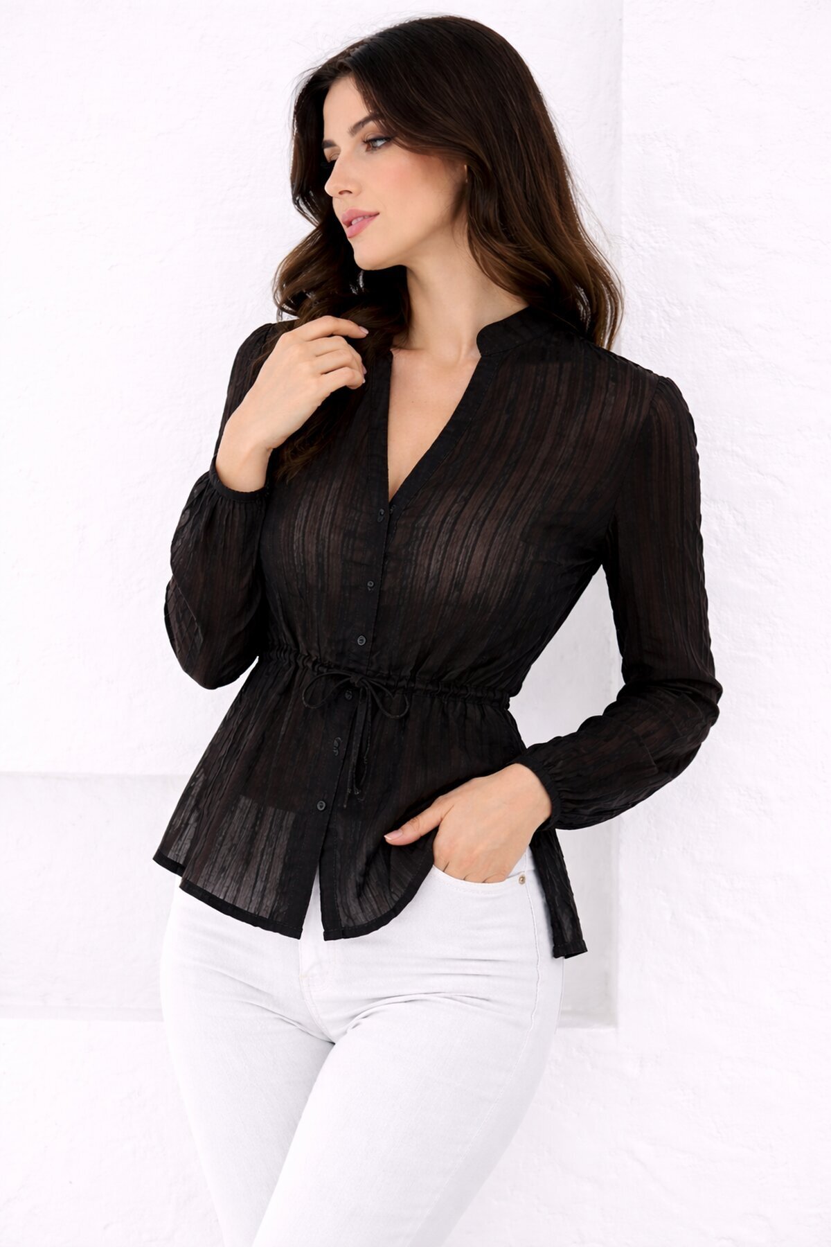 Hakim Yaka V Düğmeli Bluz Siyah