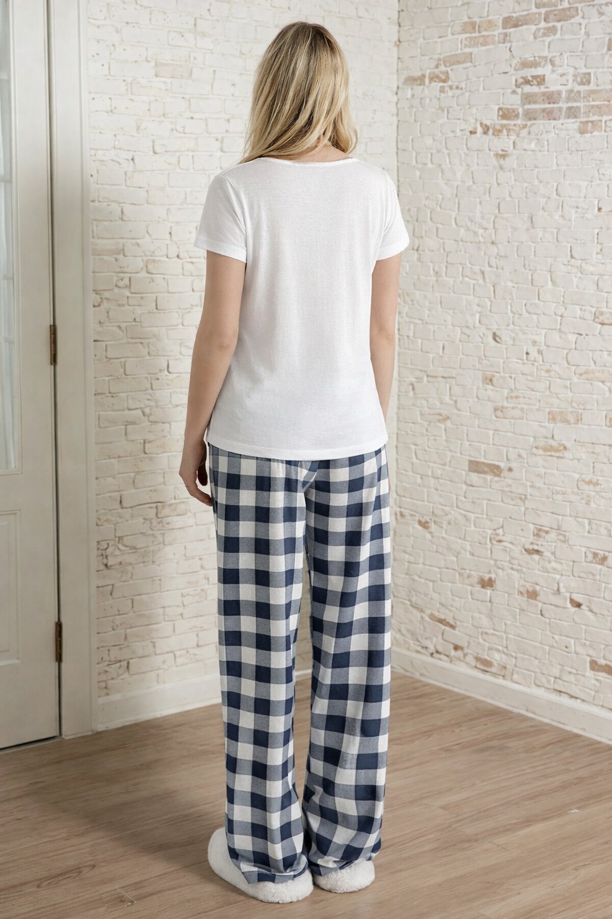 Honey Baskılı Ekose Uzun Alt Kadın Pijama Takımı – Lacivert Rahat Seri