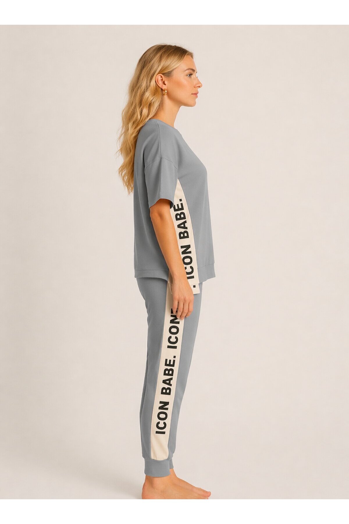 ICONE BABE Şerit Detaylı Oversize T-Shirt & Jogger Takım – Gri