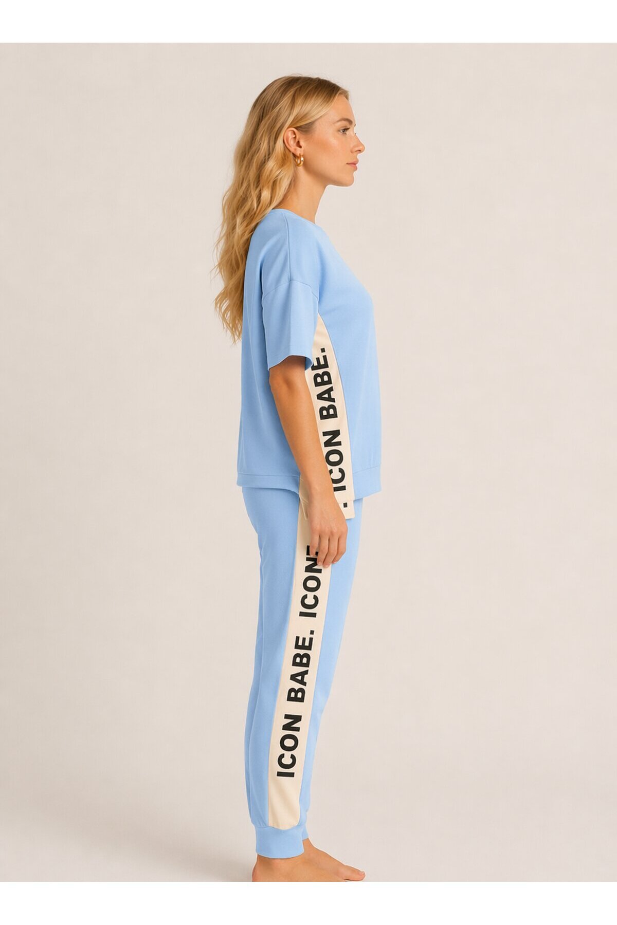 ICONE BABE Şerit Detaylı Oversize T-Shirt & Jogger Takım – Mavi