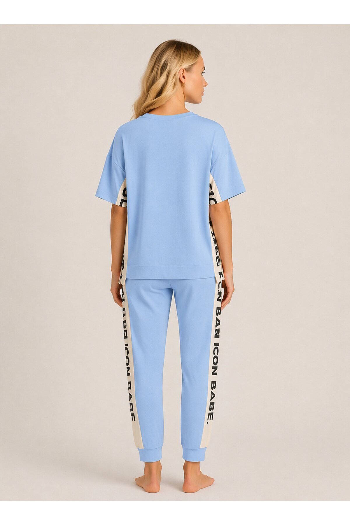 ICONE BABE Şerit Detaylı Oversize T-Shirt & Jogger Takım – Mavi