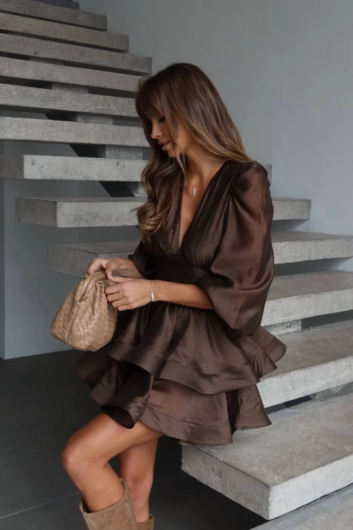 İthal Poplin Kumaş Tarlatan Detay Kahve Elbise