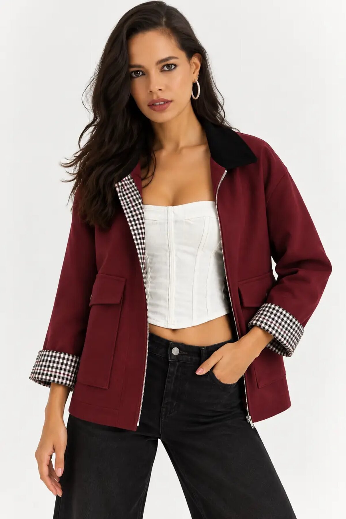 Kadın Bordo Fermuarlı Ceket Ekose Detaylı Siyah Yakalı Oversize Günlük Ceket