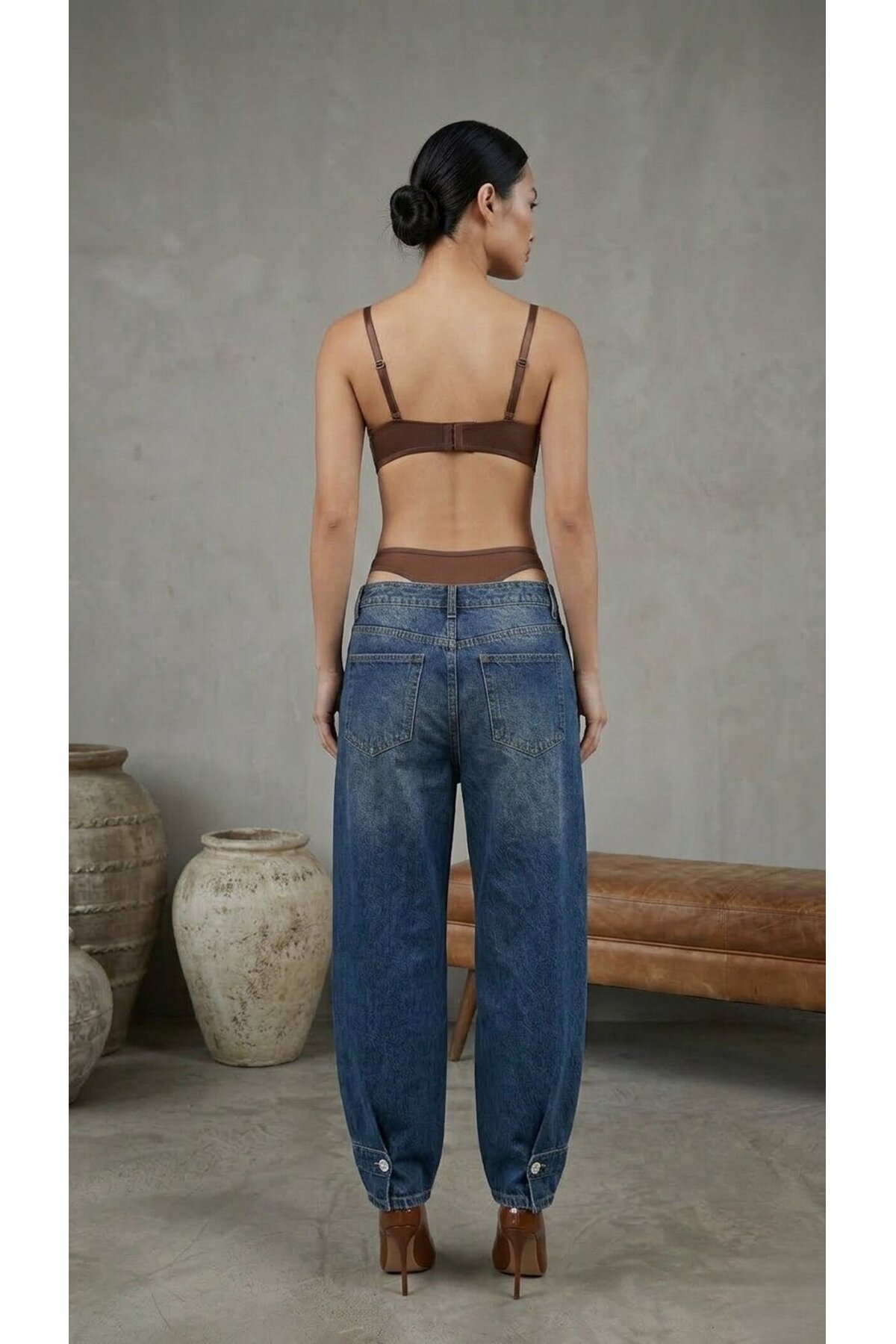 Kadın Dantelli Kahve Deri Transparan Çıtçıtlı Bodysuit