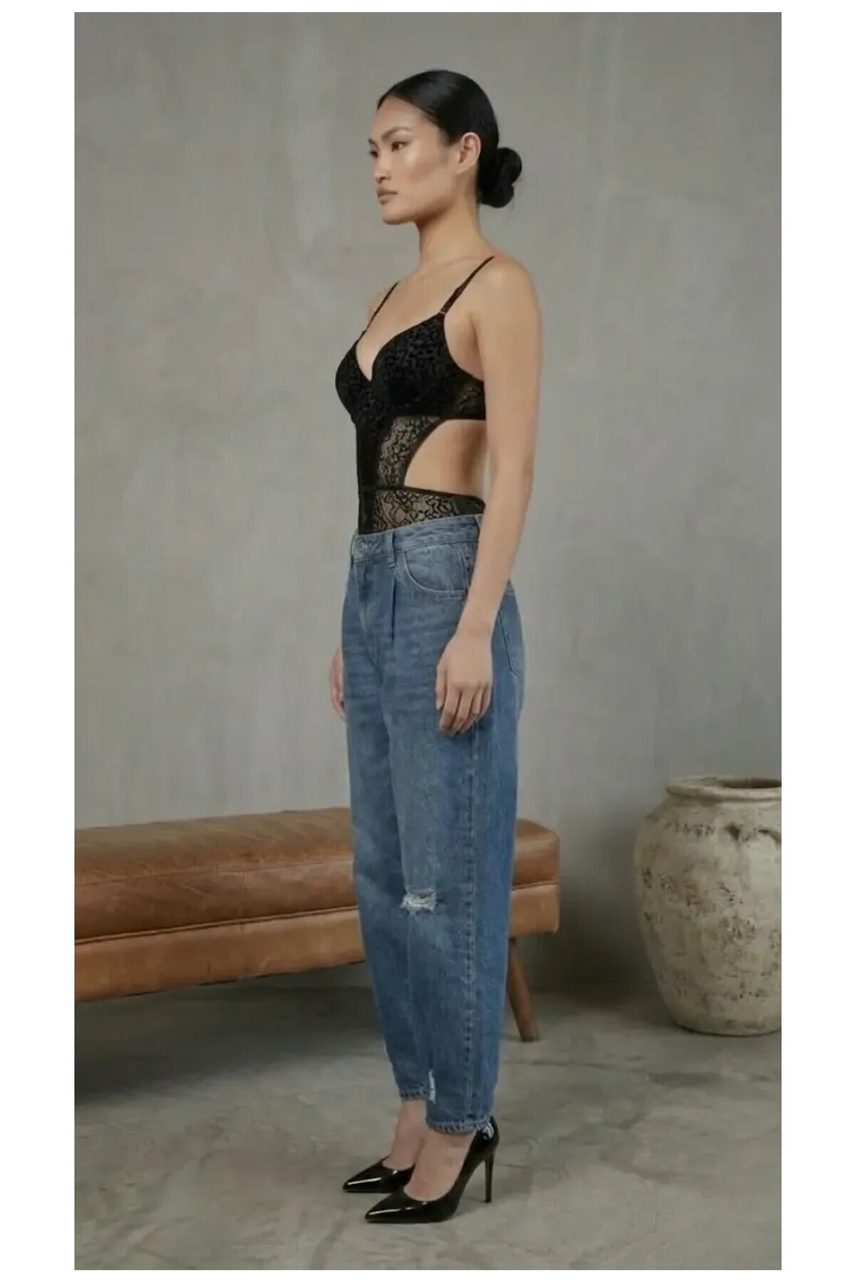 Kadın Dantelli Siyah Deri Transparan Çıtçıtlı Bodysuit