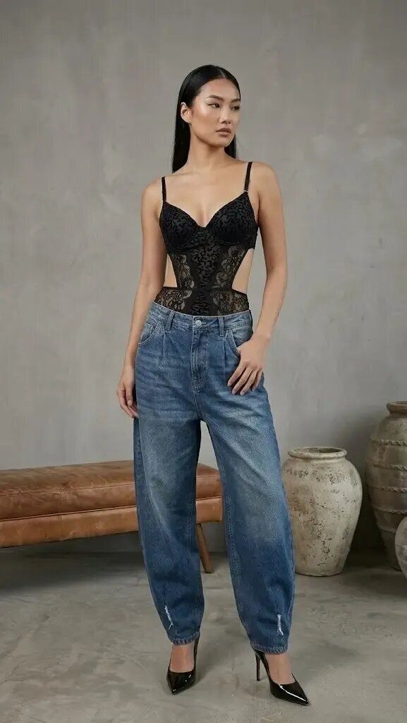 Kadın Dantelli Siyah Deri Transparan Çıtçıtlı Bodysuit