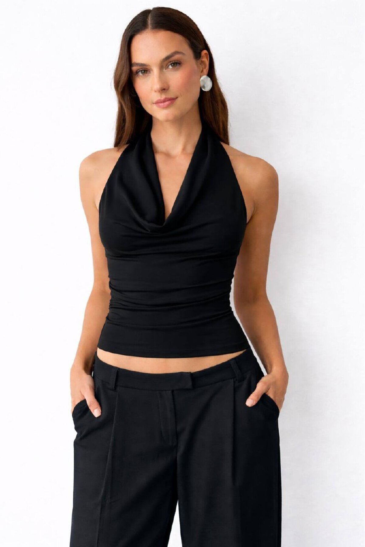 Kadın Halter Yaka Bluz Drapeli – Kayık Yaka, Esnek Kumaş, Fit Kesim Şık Bluz