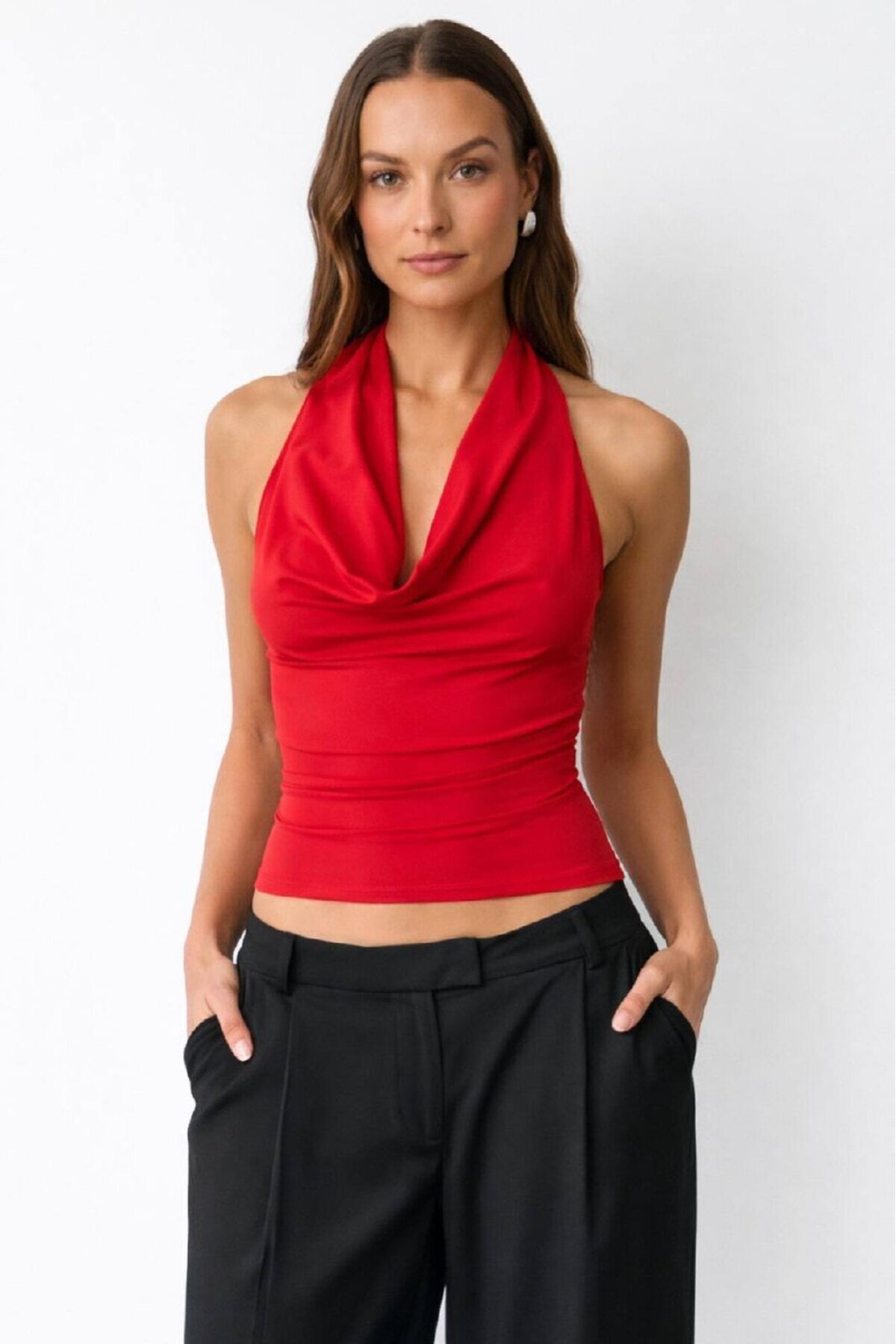 Kadın Halter Yaka Bluz Drapeli – Kayık Yaka, Esnek Kumaş, Fit Kesim Şık Bluz
