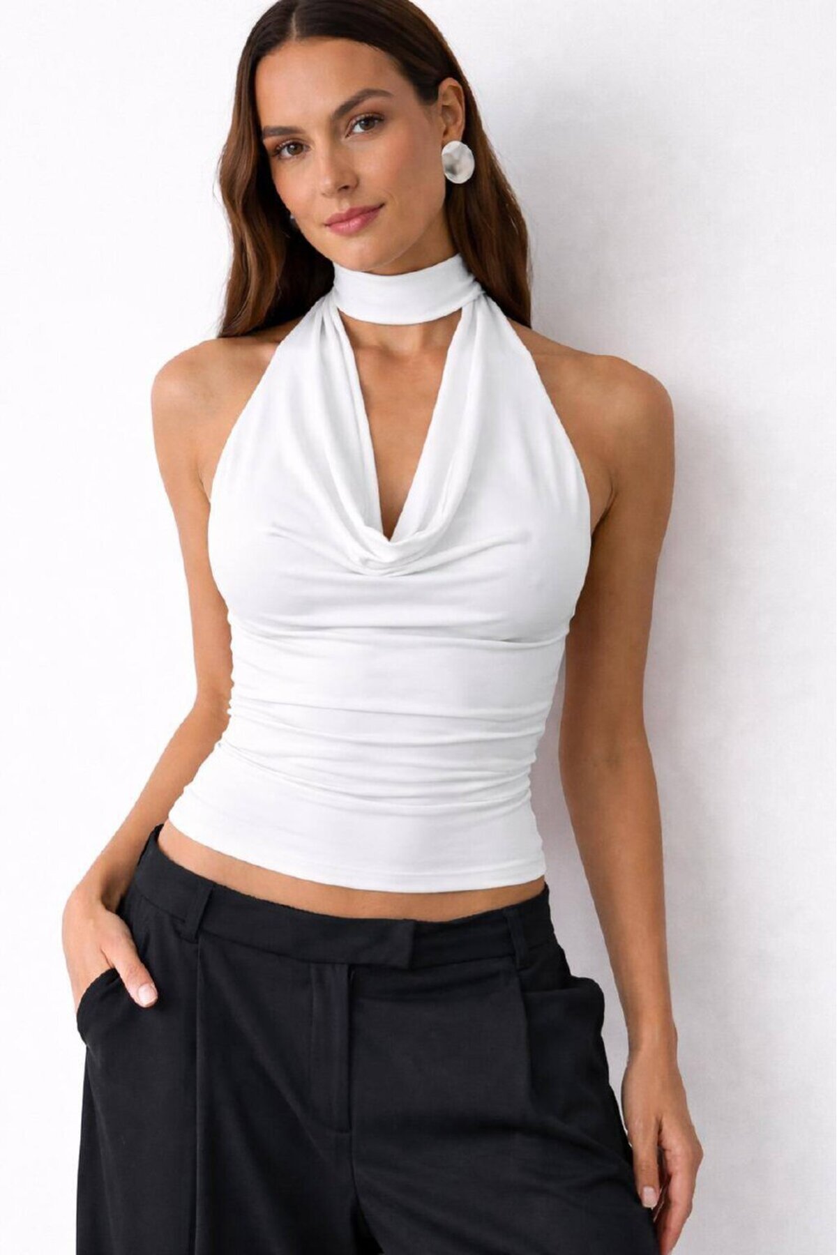 Kadın Halter Yaka Bluz Drapeli – Kayık Yaka, Esnek Kumaş, Fit Kesim Şık Bluz