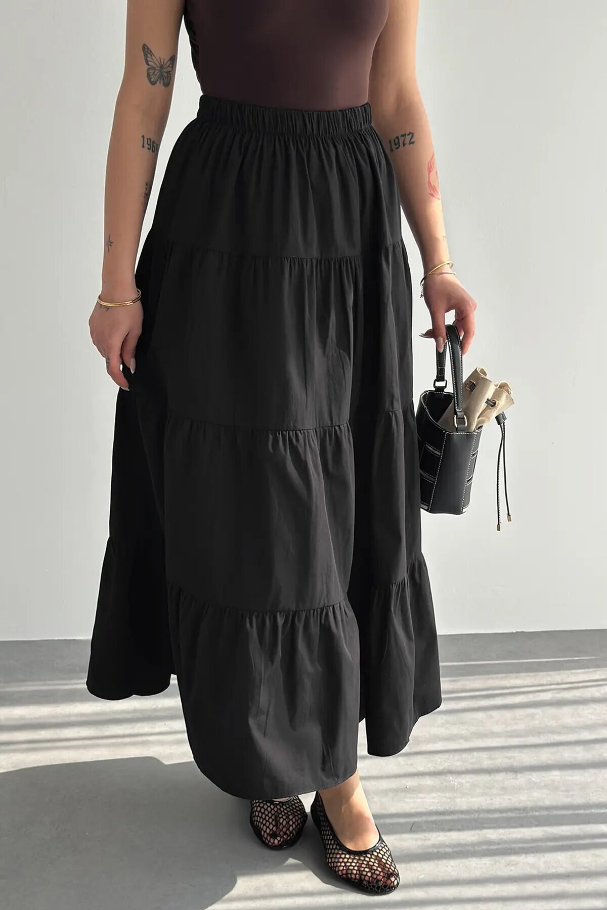 Kadın Kat Kat Uzun Etek – Beli Lastikli Günlük Şık Etek