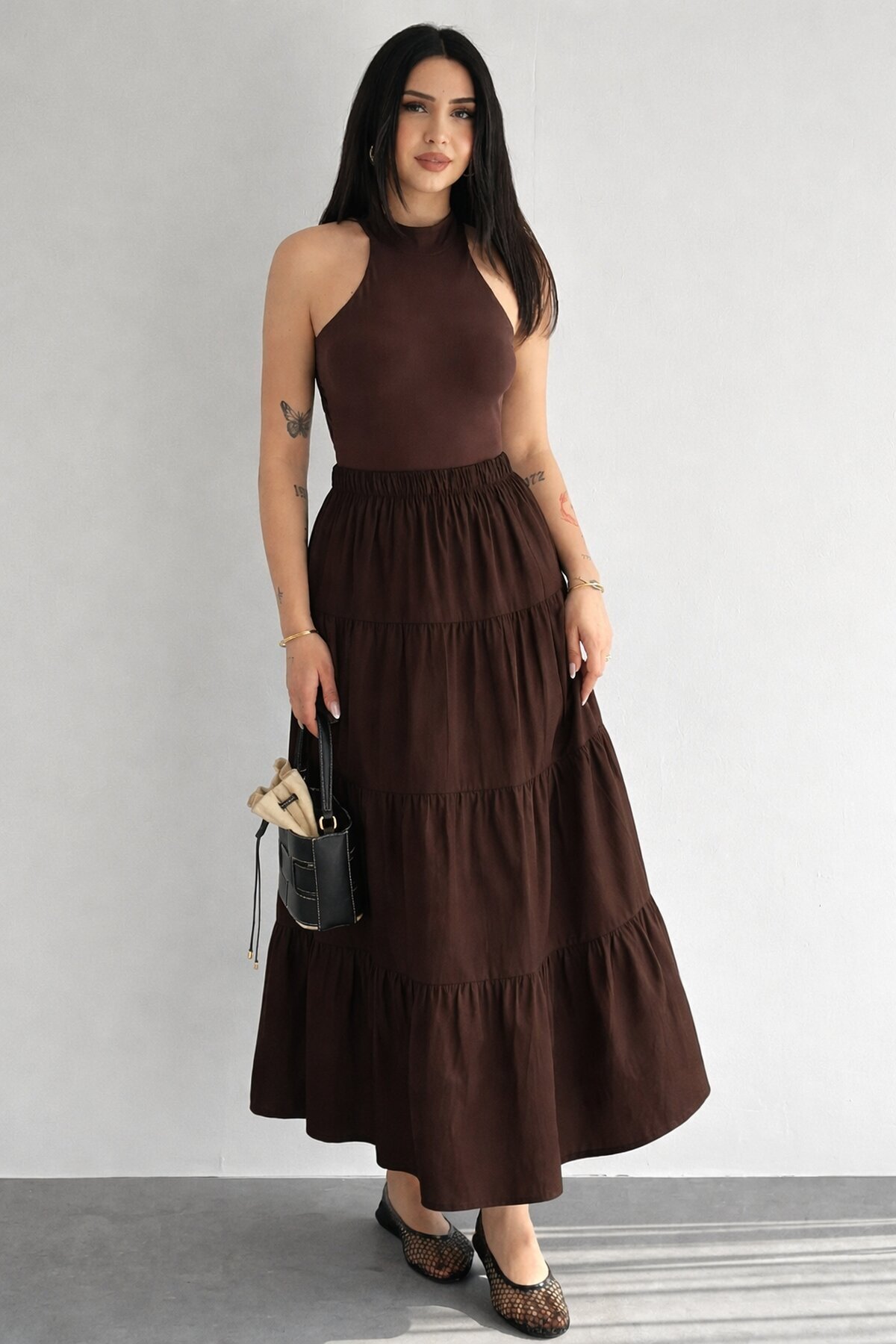 Kadın Kat Kat Uzun Etek – Beli Lastikli Günlük Şık Etek