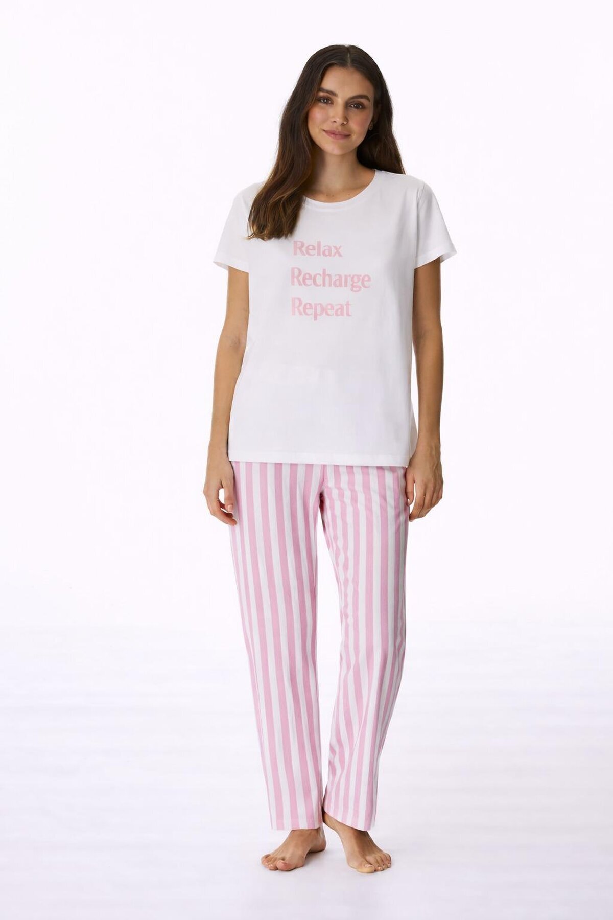 Kadın Kısa Kollu Uzun Pantolonlu Pamuklu Pijama Takımı