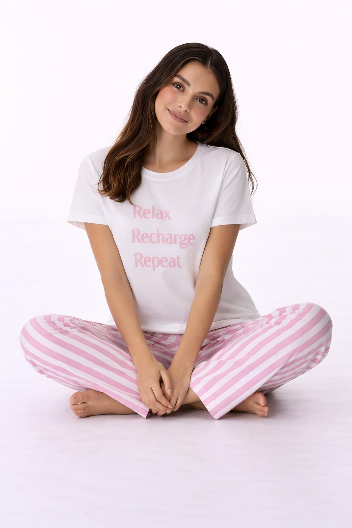 Kadın Kısa Kollu Uzun Pantolonlu Pamuklu Pijama Takımı