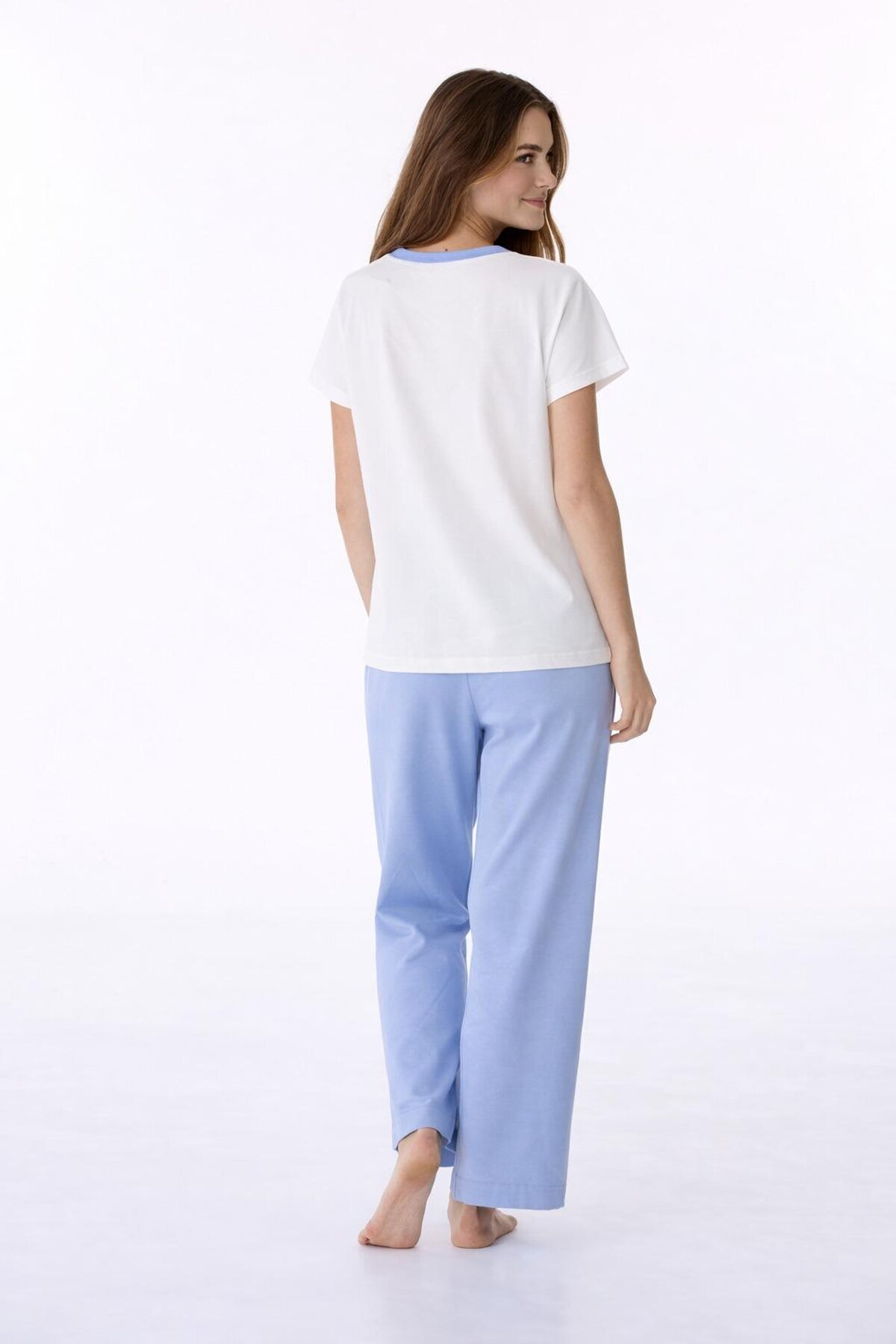 Kadın Kısa Kollu Uzun Pantolonlu Pamuklu Pijama Takımı – Rest & Relax Baskılı Mavi