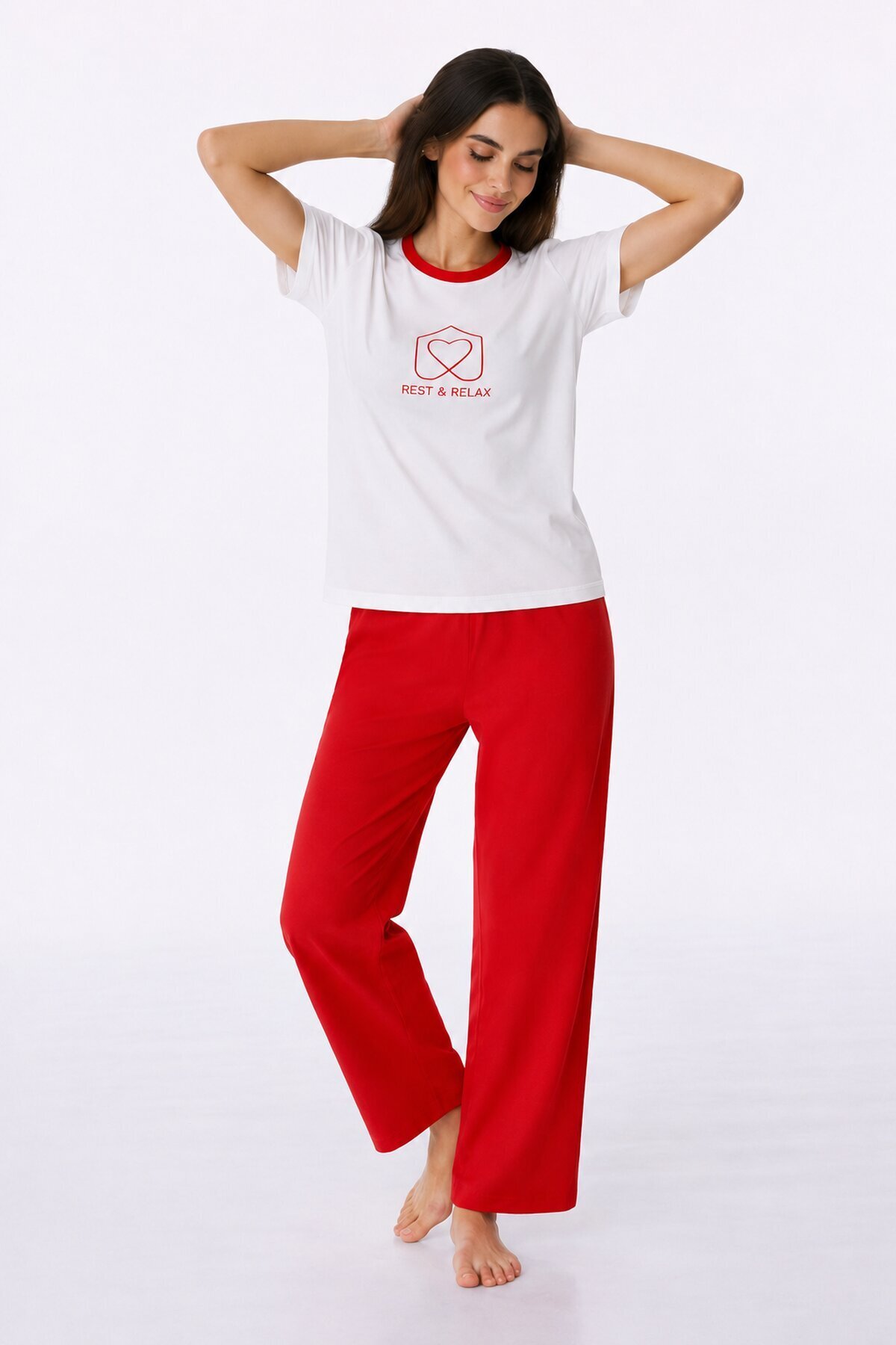 Kadın Kısa Kollu Uzun Pantolonlu Pamuklu Pijama Takımı – Rest & Relax Baskılı Mavi