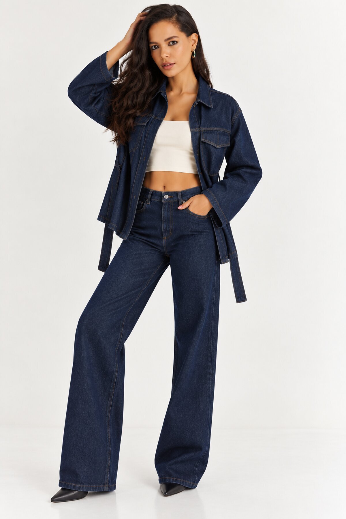 Kadın Koyu Lacivert Denim Kuşaklı Ceket & Bol Paça Jean İkili Takım