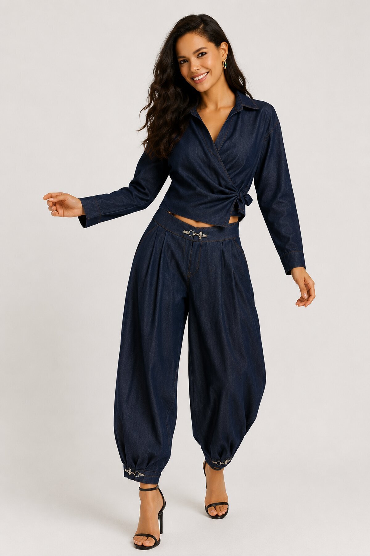 Kadın Lacivert Denim Görünümlü Kruvaze Bluz ve Şalvar Pantolon 2’li Takım