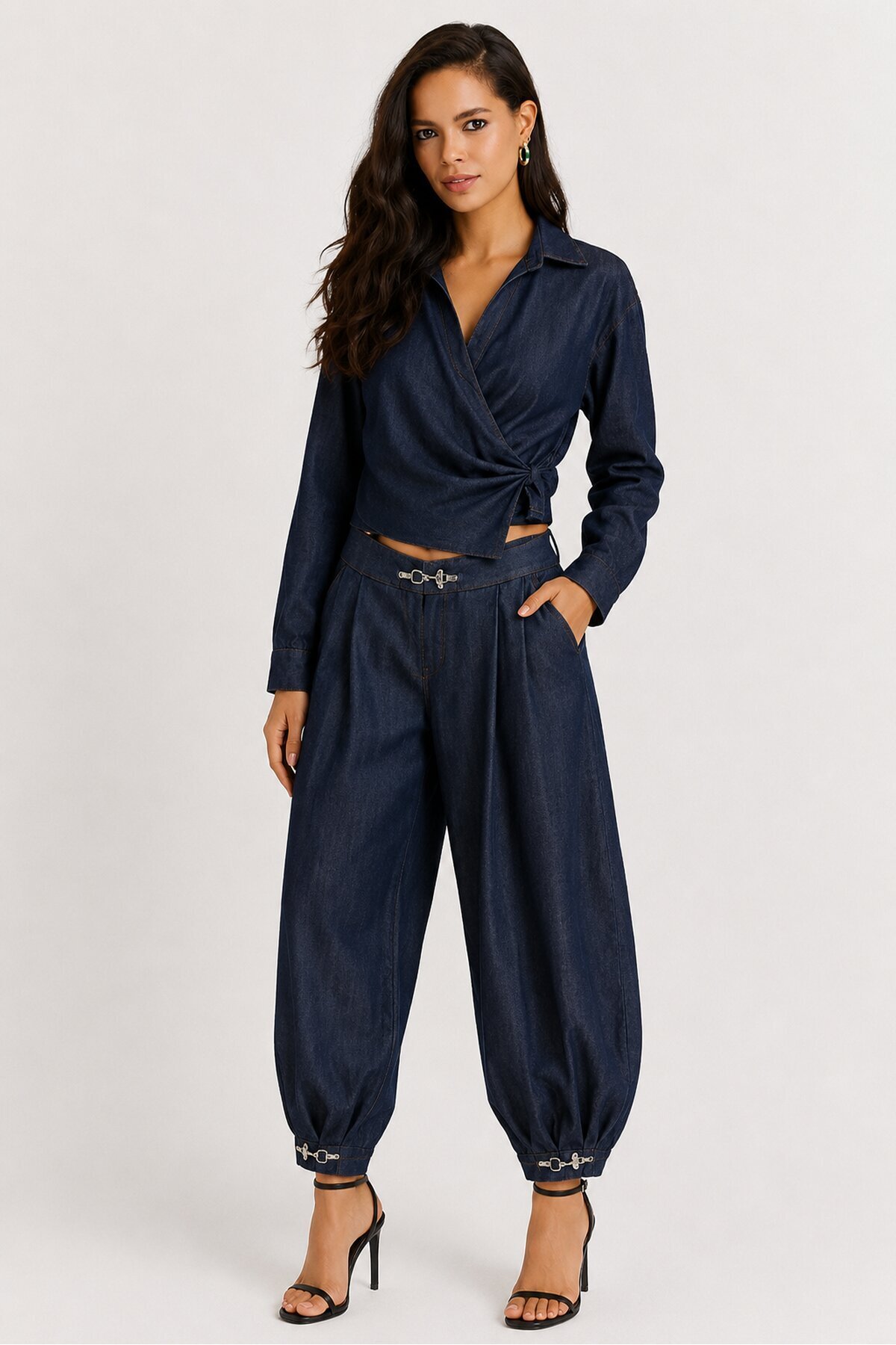 Kadın Lacivert Denim Görünümlü Kruvaze Bluz ve Şalvar Pantolon 2’li Takım